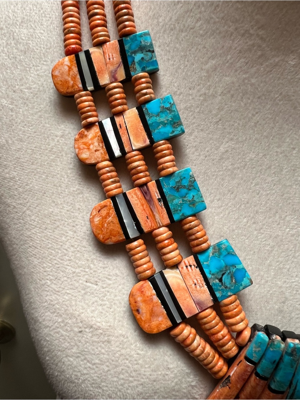 Three Strand Spiny Oyster Turquoise Mosaic Inlay Bib Necklace Delbert Crespin - Picture 3 of 11